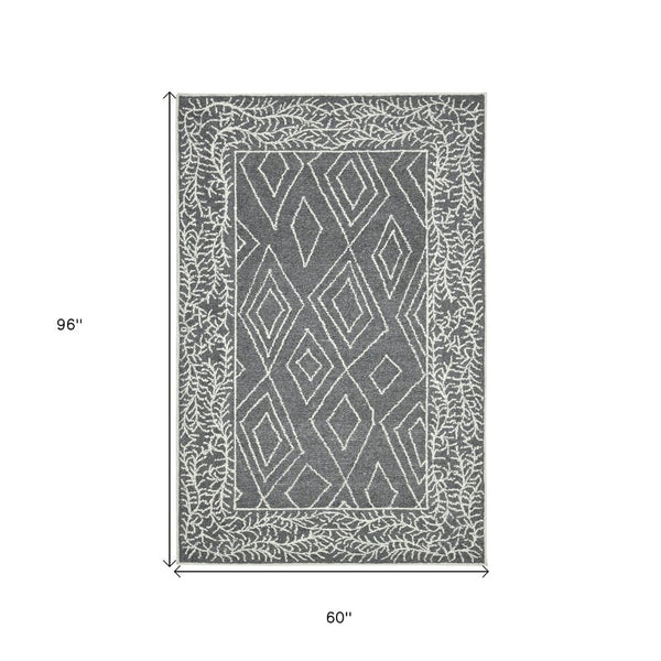 HomeRoots 5' Gray and Ivory Wool Geometric Hand-Hooked Area Rug - Artisanal Warmth for Modern Spaces 5' X 8' 570324