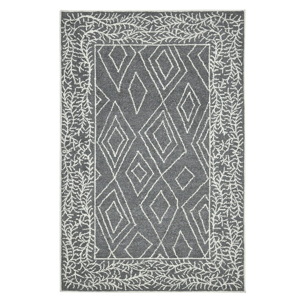 HomeRoots 5' Gray and Ivory Wool Geometric Hand-Hooked Area Rug - Artisanal Warmth for Modern Spaces 8' X 10' 570325