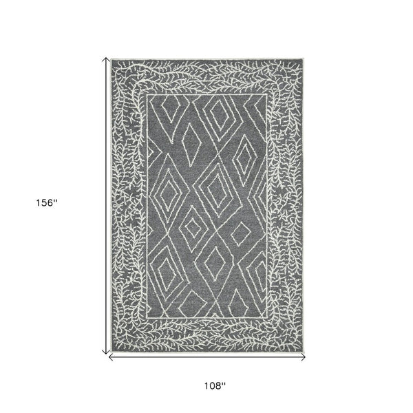 HomeRoots 5' Gray and Ivory Wool Geometric Hand-Hooked Area Rug - Artisanal Warmth for Modern Spaces 9' X 13' 570326
