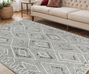 HomeRoots 5' Hand Hooked Wool Area Rug with Modern Geometric Design in Gray, Ivory, and Rust for Stylish Comfort 5' X 8' 570332