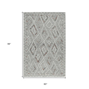 HomeRoots 5' Hand Hooked Wool Area Rug with Modern Geometric Design in Gray, Ivory, and Rust for Stylish Comfort 5' X 8' 570332