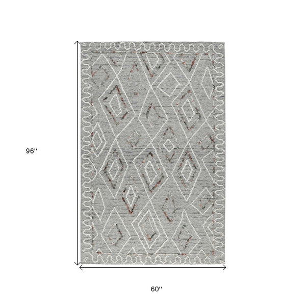 HomeRoots 5' Hand Hooked Wool Area Rug with Modern Geometric Design in Gray, Ivory, and Rust for Stylish Comfort 5' X 8' 570332