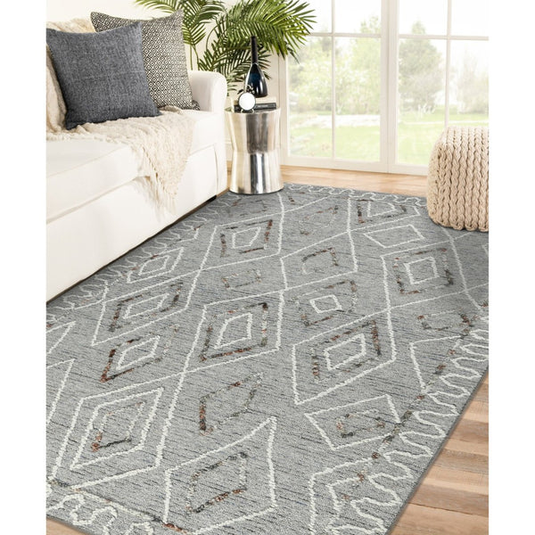 HomeRoots 5' Hand Hooked Wool Area Rug with Modern Geometric Design in Gray, Ivory, and Rust for Stylish Comfort 8' X 10' 570333
