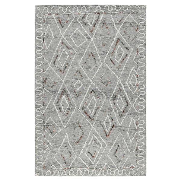 HomeRoots 5' Hand Hooked Wool Area Rug with Modern Geometric Design in Gray, Ivory, and Rust for Stylish Comfort 8' X 10' 570333