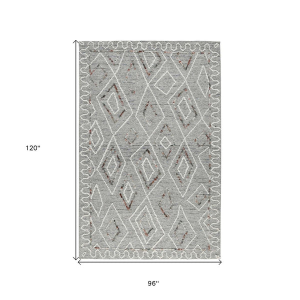 HomeRoots 5' Hand Hooked Wool Area Rug with Modern Geometric Design in Gray, Ivory, and Rust for Stylish Comfort 8' X 10' 570333