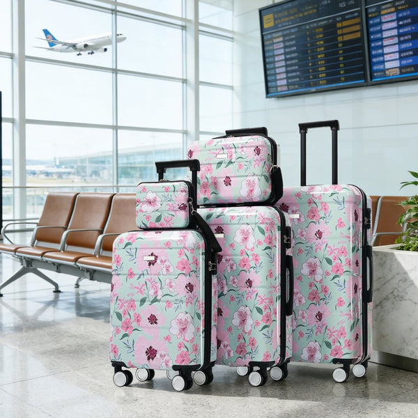 English Elm 6 Piece Hardshell Abs Travel Set with Spinner Wheels Combination Lock and Toiletry Bag Green & Pink Flower N732P391160F
