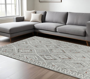 HomeRoots 5' Hand Hooked Wool Area Rug with Modern Geometric Design in Gray, Ivory, and Rust for Stylish Comfort 9' X 13' 570334