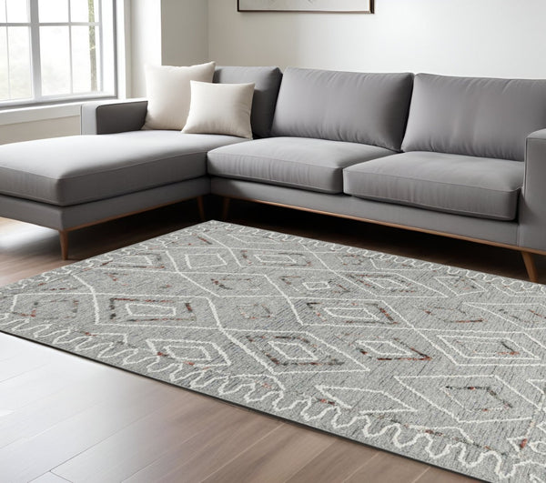 HomeRoots 5' Hand Hooked Wool Area Rug with Modern Geometric Design in Gray, Ivory, and Rust for Stylish Comfort 9' X 13' 570334