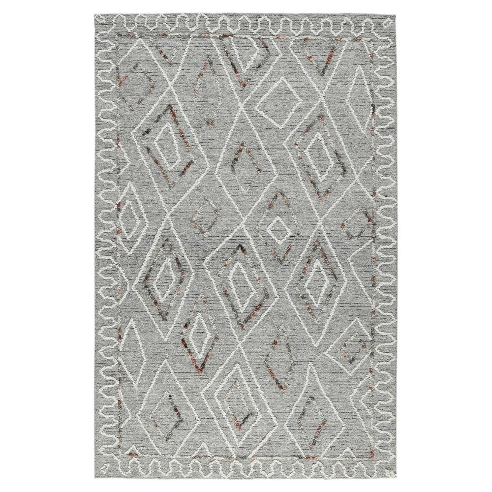 HomeRoots 5' Hand Hooked Wool Area Rug with Modern Geometric Design in Gray, Ivory, and Rust for Stylish Comfort 9' X 13' 570334