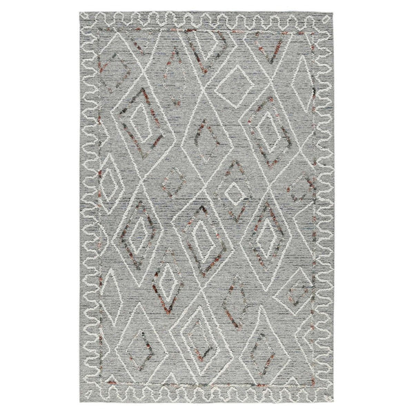 HomeRoots 5' Hand Hooked Wool Area Rug with Modern Geometric Design in Gray, Ivory, and Rust for Stylish Comfort 9' X 13' 570334
