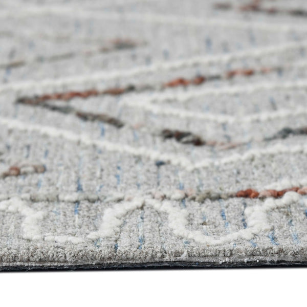 HomeRoots 5' Hand Hooked Wool Area Rug with Modern Geometric Design in Gray, Ivory, and Rust for Stylish Comfort 9' X 13' 570334