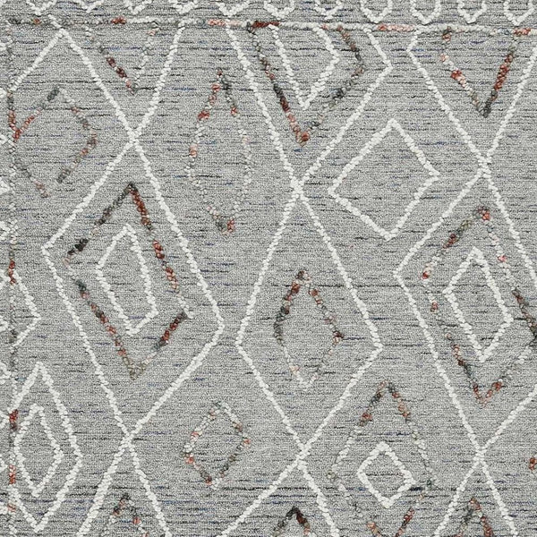 HomeRoots 5' Hand Hooked Wool Area Rug with Modern Geometric Design in Gray, Ivory, and Rust for Stylish Comfort 9' X 13' 570334