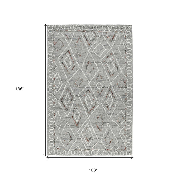 HomeRoots 5' Hand Hooked Wool Area Rug with Modern Geometric Design in Gray, Ivory, and Rust for Stylish Comfort 9' X 13' 570334