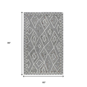 HomeRoots 5' Hand-Hooked Wool Area Rug with Modern Geometric Design in Dark Gray, Ivory & Rust for Cozy Spaces 5' X 8' 570336