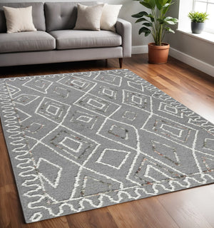 HomeRoots 5' Hand-Hooked Wool Area Rug with Modern Geometric Design in Dark Gray, Ivory & Rust for Cozy Spaces 5' X 8' 570336