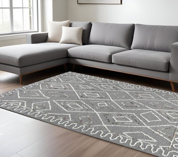 HomeRoots 5' Hand-Hooked Wool Area Rug with Modern Geometric Design in Dark Gray, Ivory & Rust for Cozy Spaces 8' X 10' 570337
