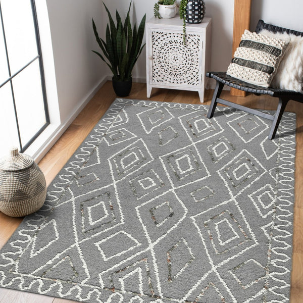 HomeRoots 5' Hand-Hooked Wool Area Rug with Modern Geometric Design in Dark Gray, Ivory & Rust for Cozy Spaces 8' X 10' 570337