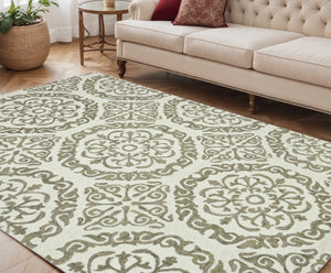 HomeRoots 5' Hand-Hooked Wool Medallion Area Rug in Ivory and Light Brown for Timeless Home Elegance 5' X 7' 570340