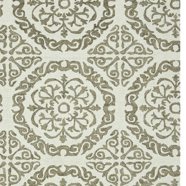 HomeRoots 5' Hand-Hooked Wool Medallion Area Rug in Ivory and Light Brown for Timeless Home Elegance 8' X 10' 570341