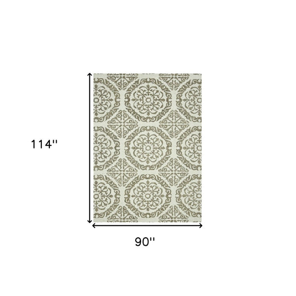 HomeRoots 5' Hand-Hooked Wool Medallion Area Rug in Ivory and Light Brown for Timeless Home Elegance 8' X 10' 570341