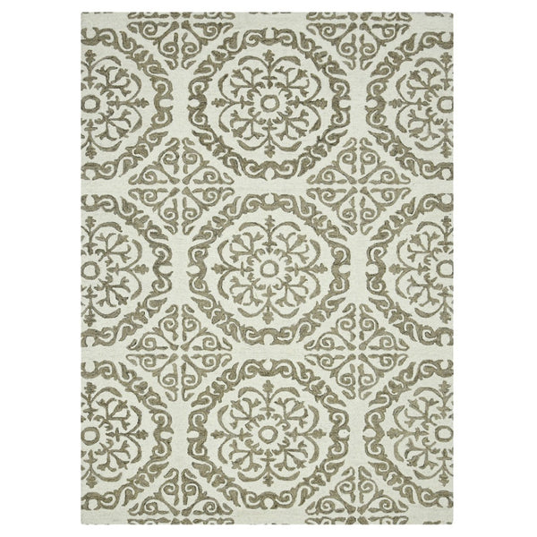 HomeRoots 5' Hand-Hooked Wool Medallion Area Rug in Ivory and Light Brown for Timeless Home Elegance 8' X 10' 570341
