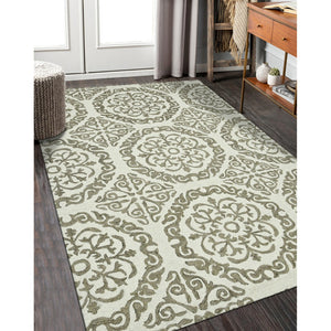 HomeRoots 5' Hand-Hooked Wool Medallion Area Rug in Ivory and Light Brown for Timeless Home Elegance 8' X 10' 570341