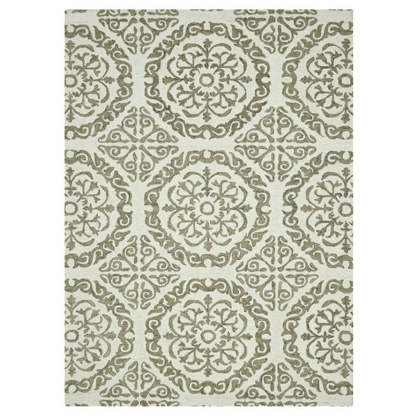 HomeRoots 5' Hand-Hooked Wool Medallion Area Rug in Ivory and Light Brown for Timeless Home Elegance 8' X 10' 570341
