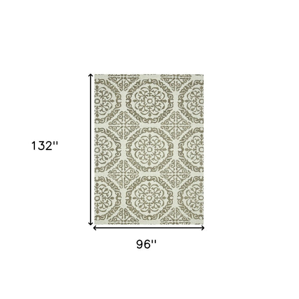 HomeRoots 5' Hand-Hooked Wool Medallion Area Rug in Ivory and Light Brown for Timeless Home Elegance 8' X 11' 570342