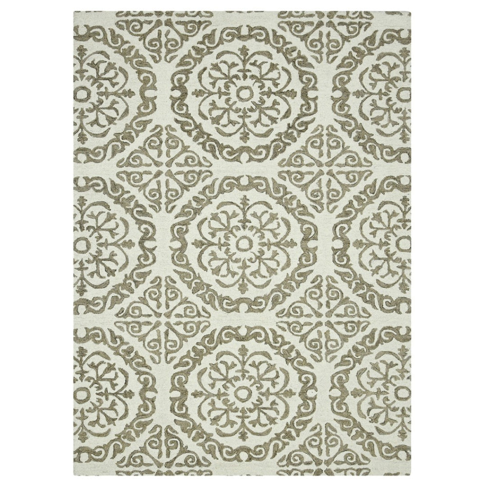 HomeRoots 5' Hand-Hooked Wool Medallion Area Rug in Ivory and Light Brown for Timeless Home Elegance 8' X 11' 570342