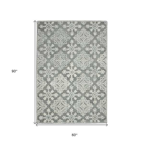 HomeRoots 5' Gray and Ivory Wool Hand-Hooked Oriental Area Rug – Artisanal Charm for Any Interior Space 5' X 7' 570344