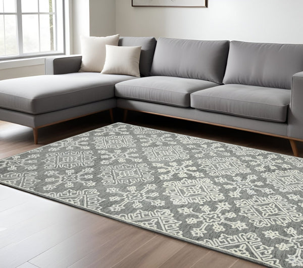 HomeRoots 5' Gray and Ivory Wool Hand-Hooked Oriental Area Rug – Artisanal Charm for Any Interior Space 8' X 10' 570345