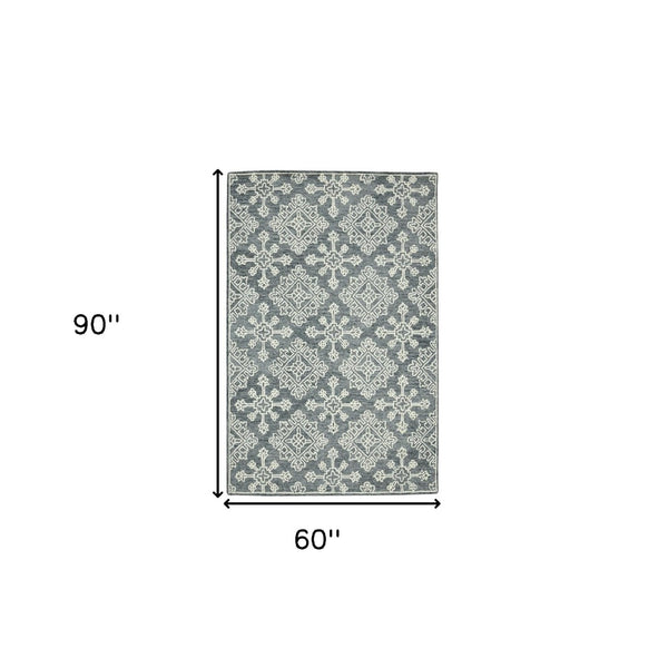 HomeRoots 5' Handcrafted Dark Gray and Ivory Wool Oriental Hooked Area Rug for Timeless Elegance and Comfort 5' X 7' 570348