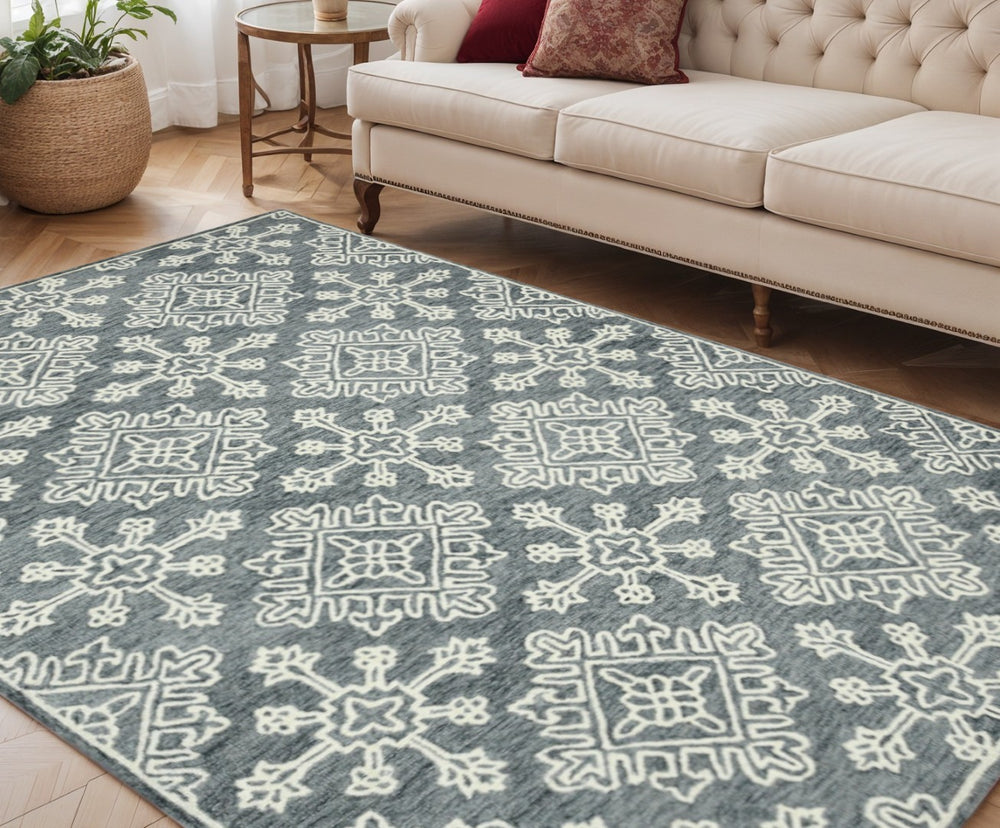 HomeRoots 5' Handcrafted Dark Gray and Ivory Wool Oriental Hooked Area Rug for Timeless Elegance and Comfort 5' X 7' 570348