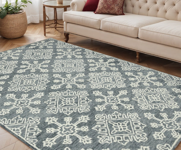 HomeRoots 5' Handcrafted Dark Gray and Ivory Wool Oriental Hooked Area Rug for Timeless Elegance and Comfort 5' X 7' 570348