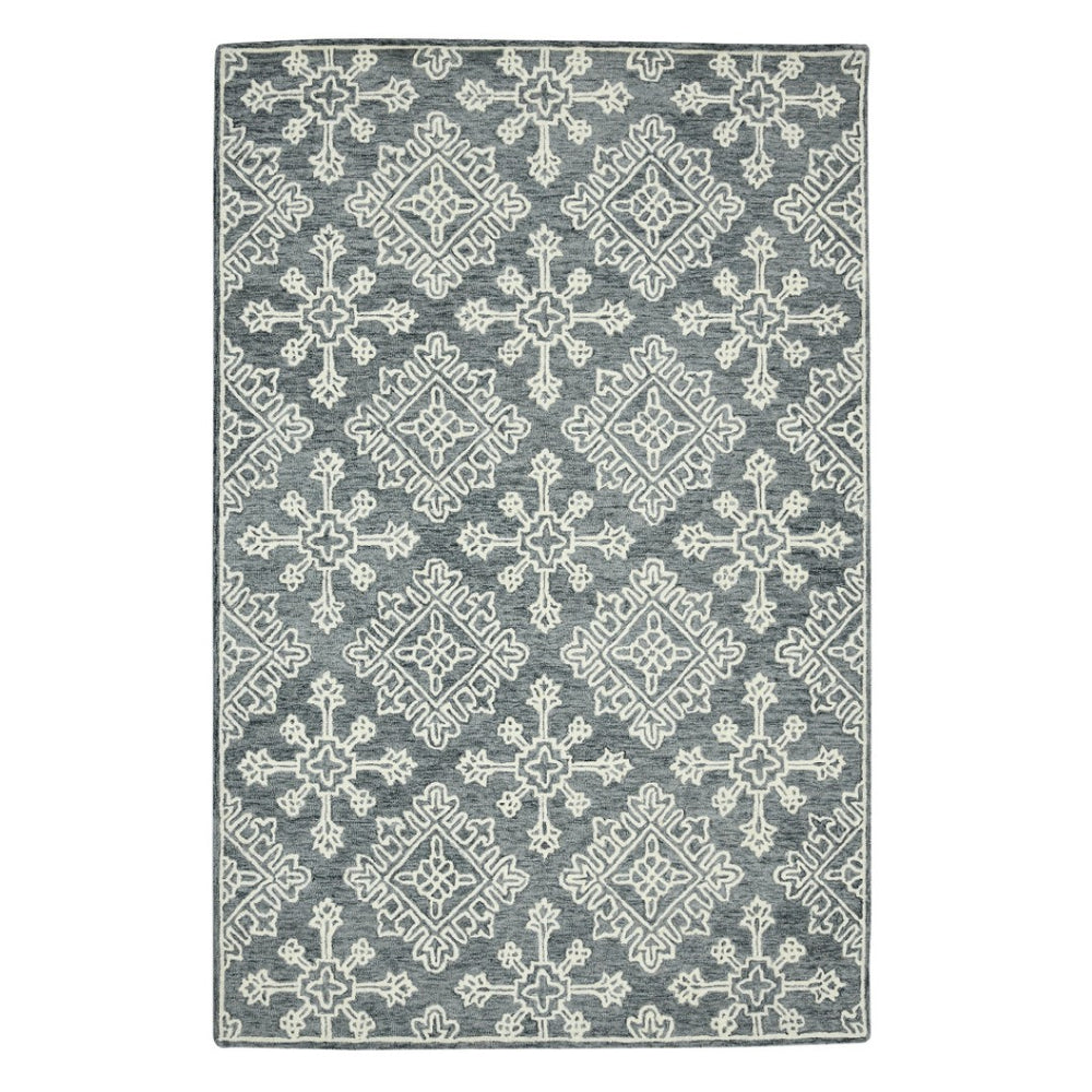 HomeRoots 5' Handcrafted Dark Gray and Ivory Wool Oriental Hooked Area Rug for Timeless Elegance and Comfort 5' X 7' 570348