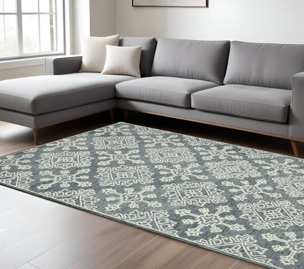 HomeRoots 5' Handcrafted Dark Gray and Ivory Wool Oriental Hooked Area Rug for Timeless Elegance and Comfort 8' X 10' 570349