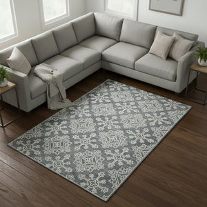 HomeRoots 5' Handcrafted Dark Gray and Ivory Wool Oriental Hooked Area Rug for Timeless Elegance and Comfort 8' X 11' 570350