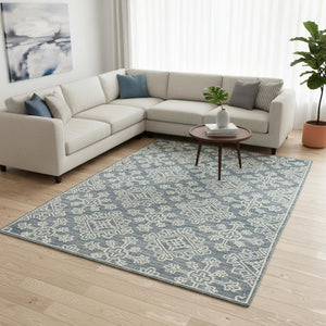 HomeRoots 5' Sky Blue and Ivory Hand-Hooked Wool Oriental Area Rug - Timeless Elegance for Any Space 8' X 11' 570354