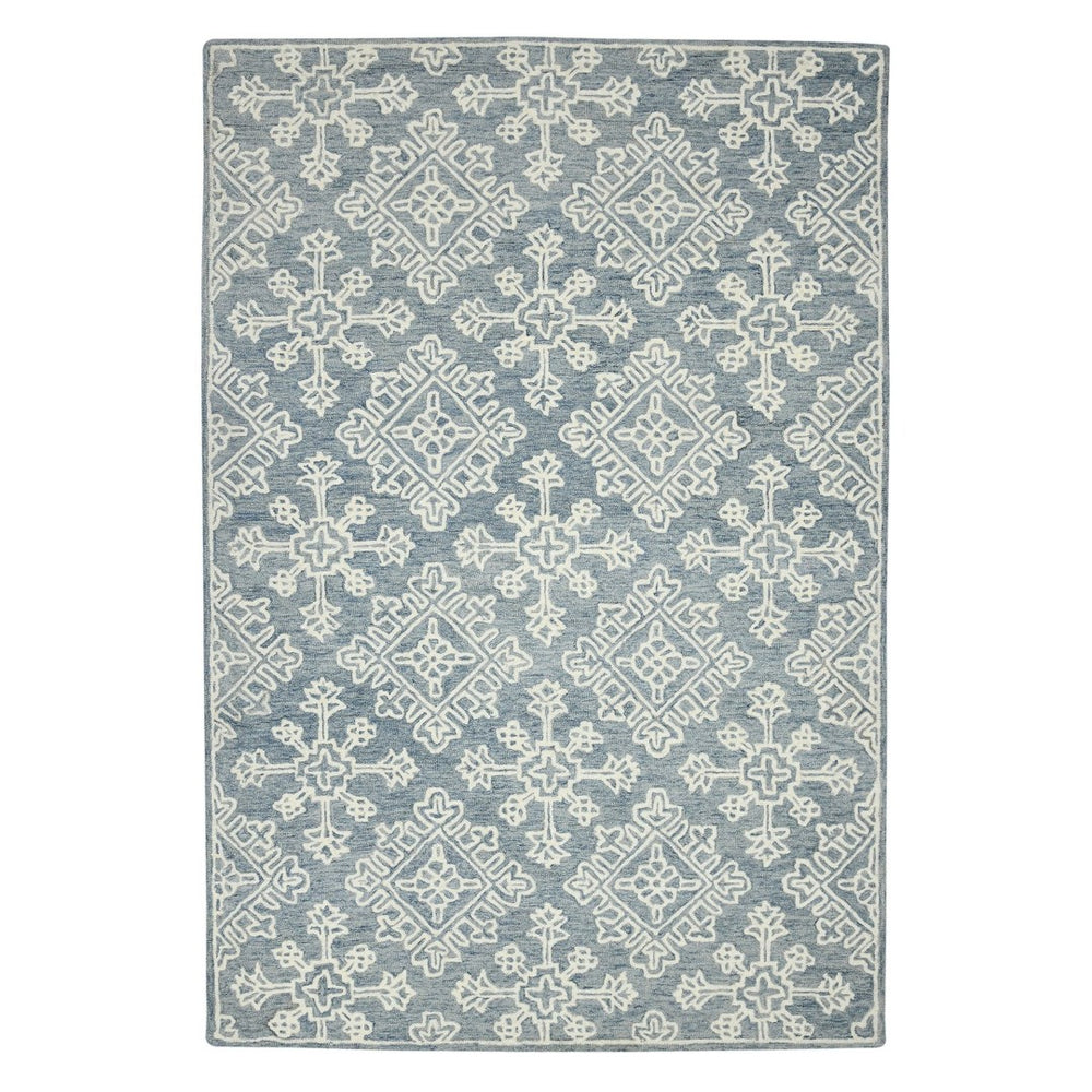 HomeRoots 5' Sky Blue and Ivory Hand-Hooked Wool Oriental Area Rug - Timeless Elegance for Any Space 8' X 11' 570354