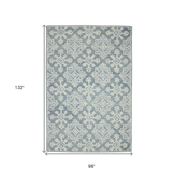 HomeRoots 5' Sky Blue and Ivory Hand-Hooked Wool Oriental Area Rug - Timeless Elegance for Any Space 8' X 11' 570354