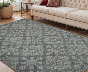 HomeRoots 5' Hand-Hooked Graphite and Gray Wool Oriental Area Rug – Timeless Craftsmanship for Any Room 5' X 7' 570356