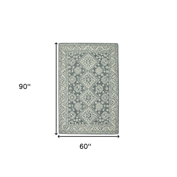 HomeRoots 5' Slate Gray and Ivory Hand-Hooked Wool Area Rug - Artisanal Comfort for Timeless Home Decor 5' X 7' 570360