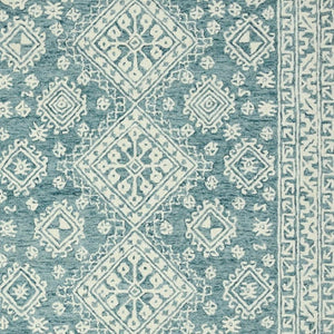 HomeRoots 5' Aqua and Ivory Wool Geometric Area Rug - Hand-Hooked Artisan Design for Modern Spaces, 60" x 90" 5' X 7' 570364