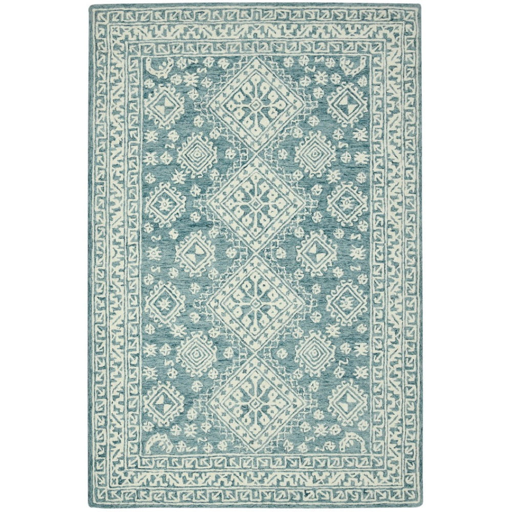HomeRoots 5' Aqua and Ivory Wool Geometric Area Rug - Hand-Hooked Artisan Design for Modern Spaces, 60" x 90" 5' X 7' 570364