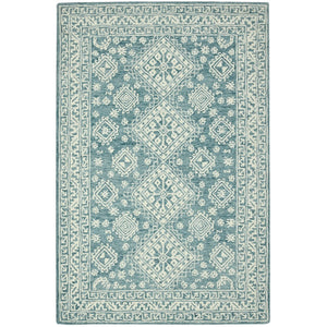 HomeRoots 5' Aqua and Ivory Wool Geometric Area Rug - Hand-Hooked Artisan Design for Modern Spaces, 60" x 90" 5' X 7' 570364