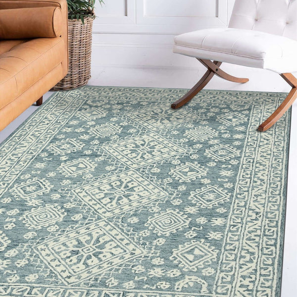 HomeRoots 5' Aqua and Ivory Wool Geometric Area Rug - Hand-Hooked Artisan Design for Modern Spaces, 60" x 90" 5' X 7' 570364