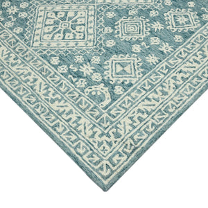 HomeRoots 5' Aqua and Ivory Wool Geometric Area Rug - Hand-Hooked Artisan Design for Modern Spaces, 60" x 90" 5' X 7' 570364