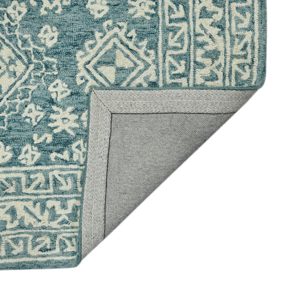 HomeRoots 5' Aqua and Ivory Wool Geometric Area Rug - Hand-Hooked Artisan Design for Modern Spaces, 60" x 90" 5' X 7' 570364