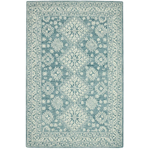 HomeRoots 5' Aqua and Ivory Wool Geometric Area Rug - Hand-Hooked Artisan Design for Modern Spaces, 60" x 90" 5' X 7' 570364