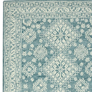 HomeRoots 5' Aqua and Ivory Wool Geometric Area Rug - Hand-Hooked Artisan Design for Modern Spaces, 60" x 90" 5' X 7' 570364